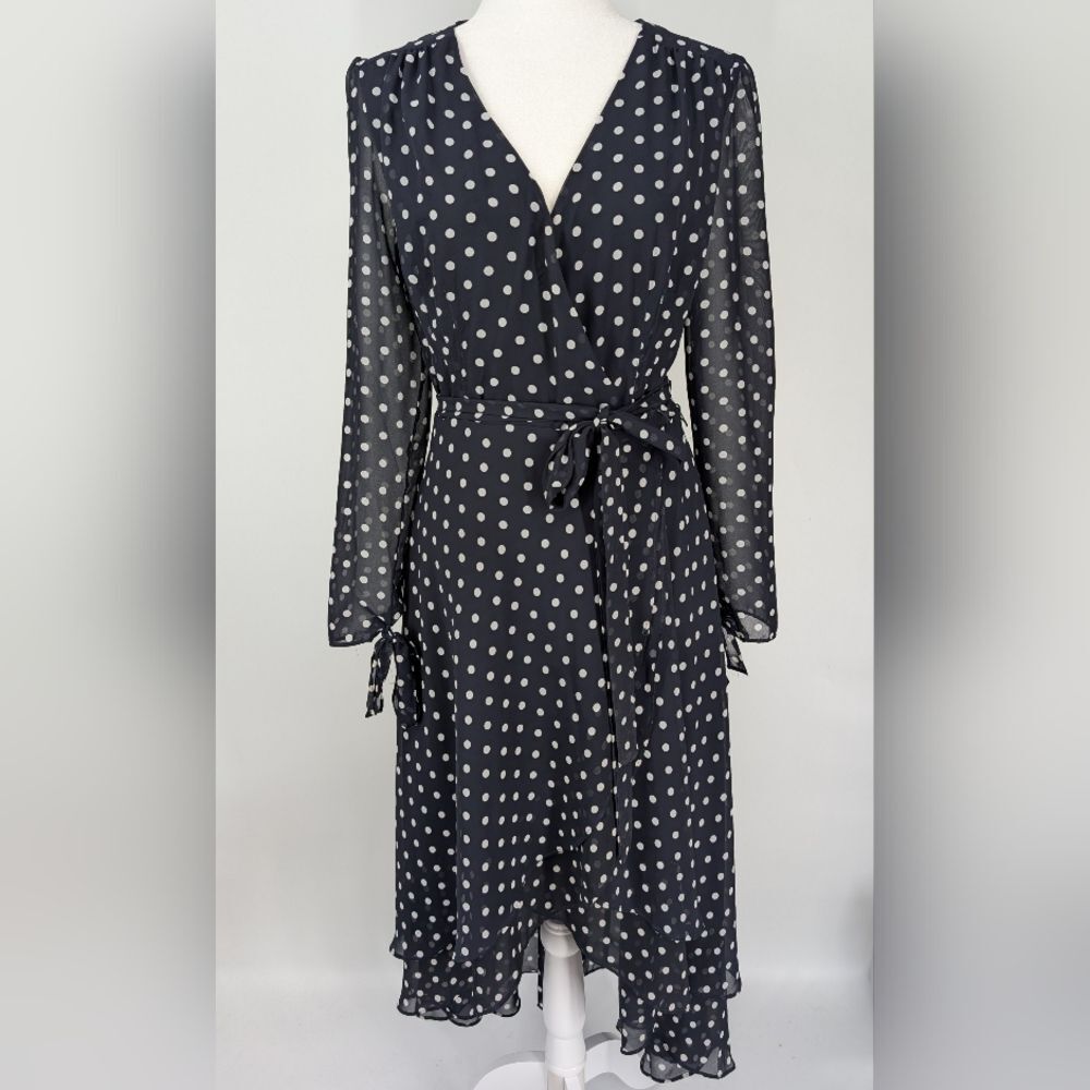Betsey Johnson Navy Blue White Polka Dot Asymmetrical Hem Wrap Midi Dress 10 - Picture 1 of 6